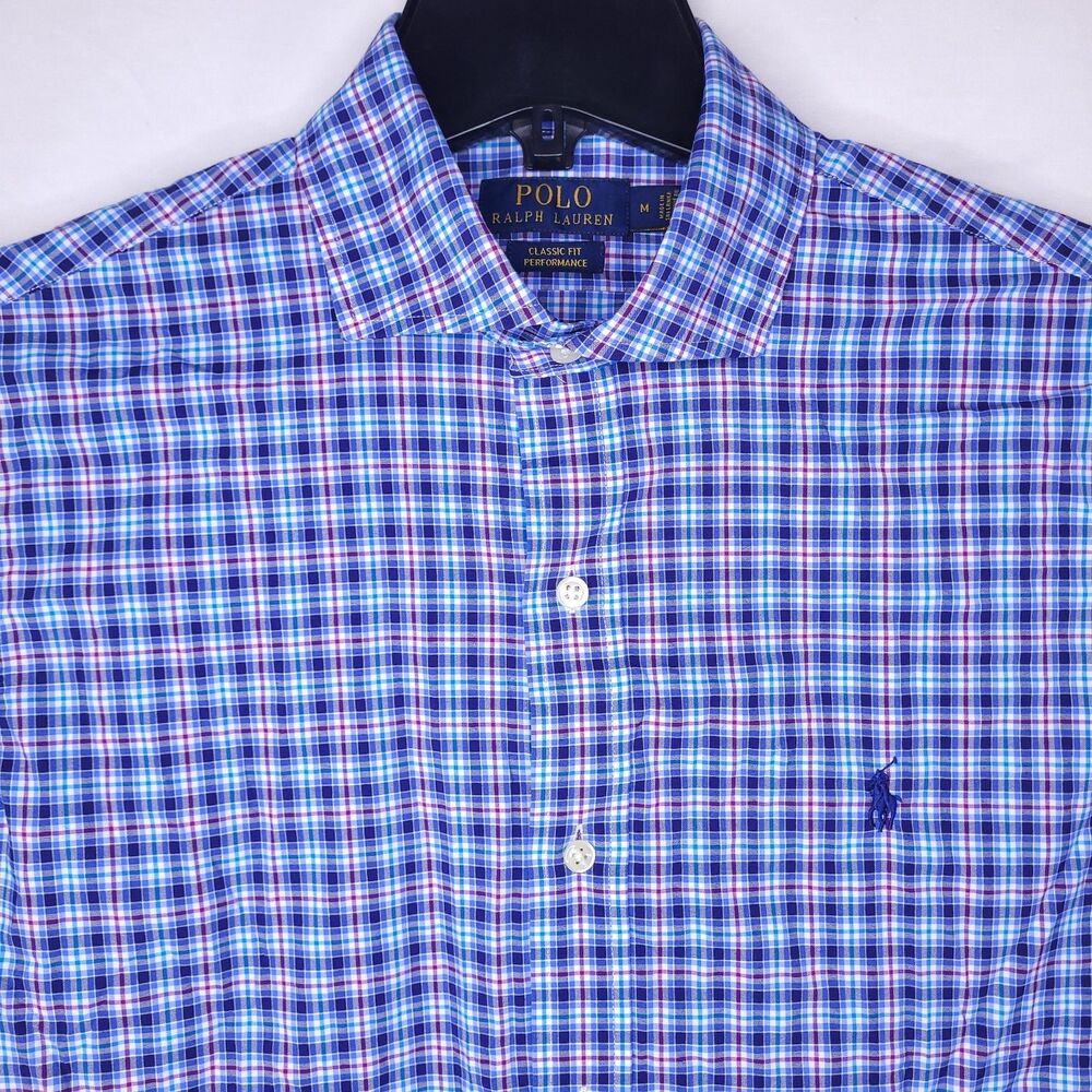 Polo Ralph Lauren Shirt Mens Medium Check Blue, Red Classic Fit Performance